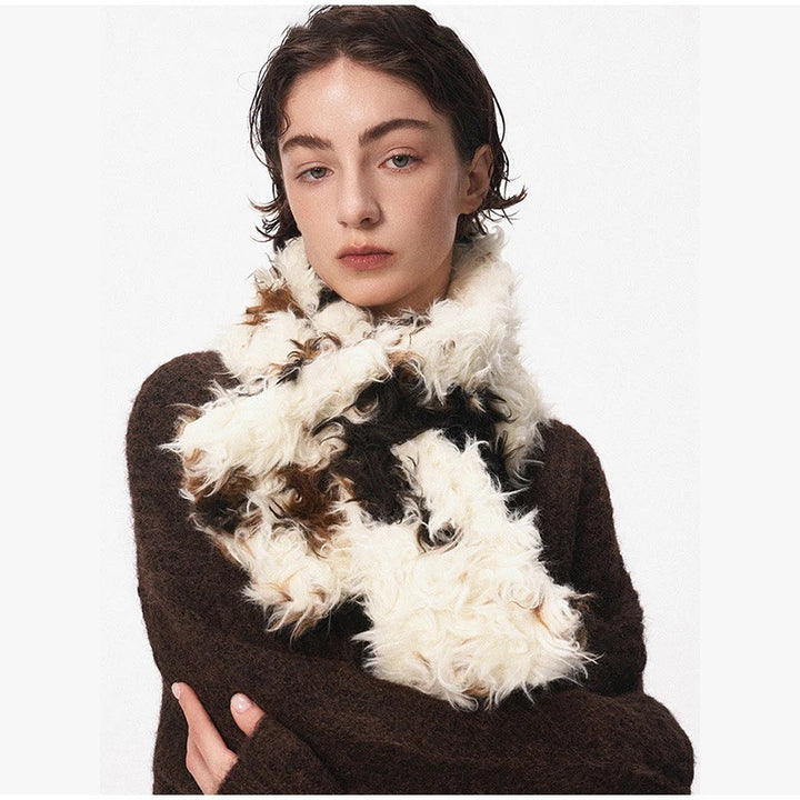 Women's faux fur shawl stole with curly shaggy texture and loop closure Mune Fashion
