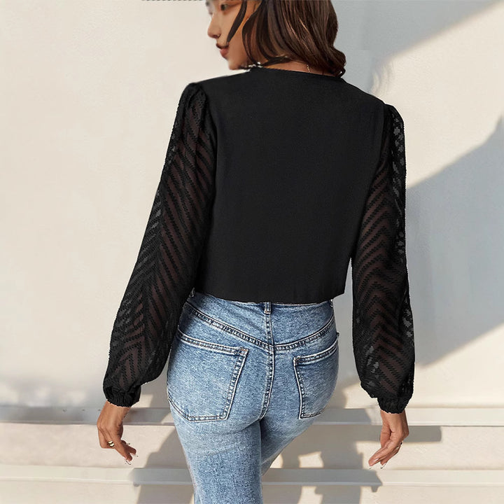 Women's Elegant Wrap Blouse with Pleated V-Neck and Transparent Chevron Sleeves Mune Fashion