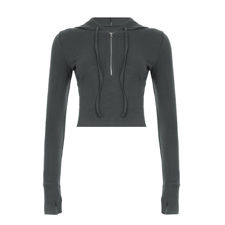 Women's cropped ribbed hoodie with half zipper, long sleeves and thumb hole Mune Fashion