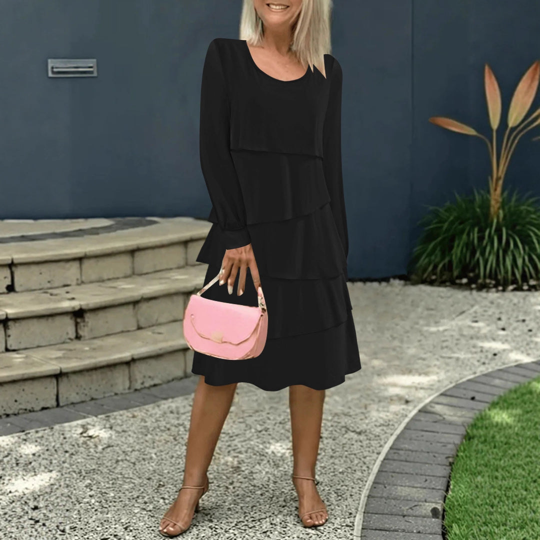 Women Elegant Tiered Midi Dress with Ruffle Layers, Round Neckline and Cuffs