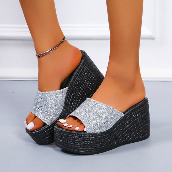Women's open platform mule with sparkling strap, patterned wedge sole, and cushioned comfort footbed Mune Fashion