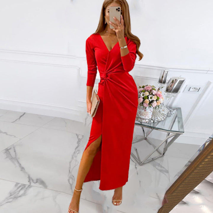 Women's Wrap Maxi Dress with Elegant Slit and Deep V-Neck Mune