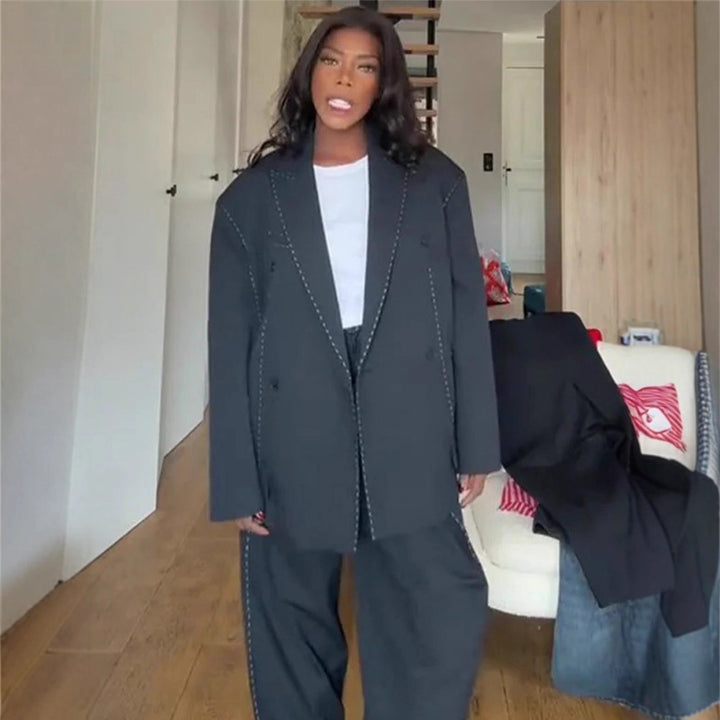 Women Oversized Two-Piece Boxy Blazer and Wide Pleated Trousers with Decorative Stitching Mune Fashion