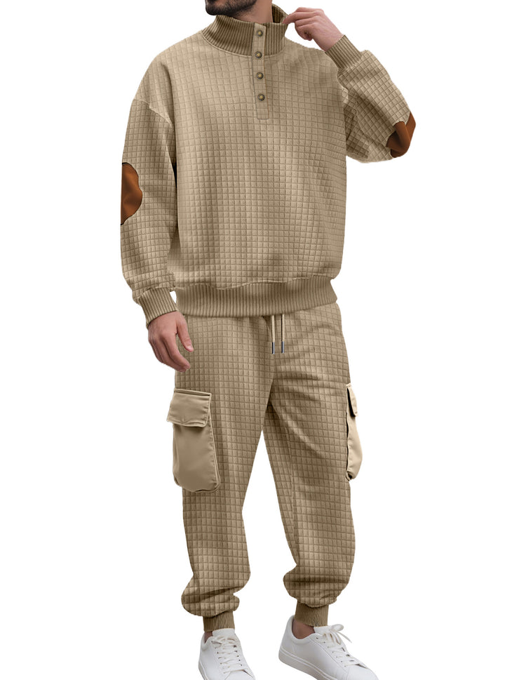 Men's check relief sweat set with stand collar button placket, velour elbow patches and cargo jogger Mune Fashion