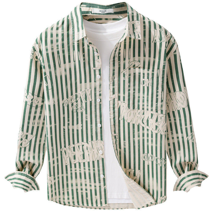 Men's Lightweight Shirt in Striped Lettering Mix with Chest Pocket and Loose Fit Mune Fashion