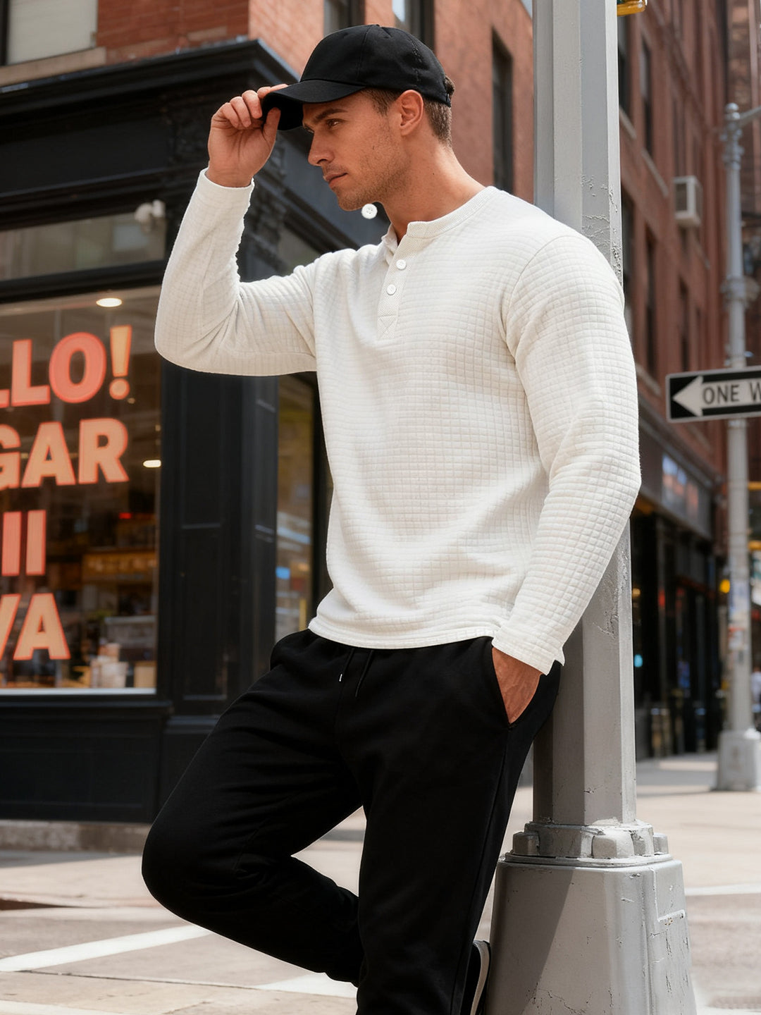 Men's structured Henley long sleeve shirt made of waffle knit with stand-up collar and narrow silhouette Mune Fashion
