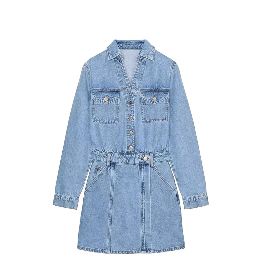 Women's Tailored Jeans Mini Dress with Shirt Collar, Patch Chest Pockets and Decorative Button Placket Mune Fashion
