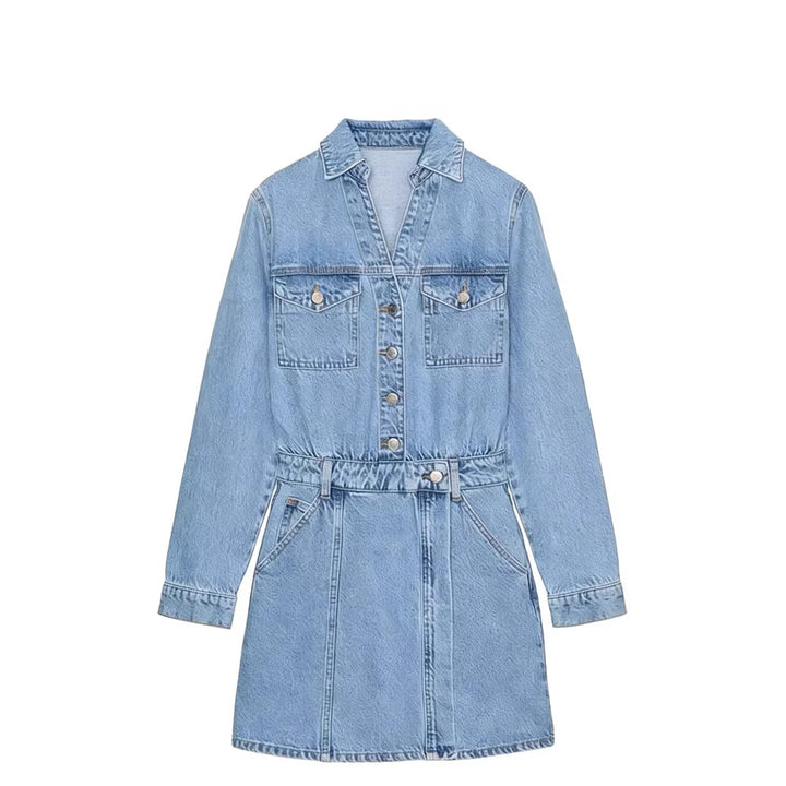 Women's Tailored Jeans Mini Dress with Shirt Collar, Patch Chest Pockets and Decorative Button Placket Mune Fashion