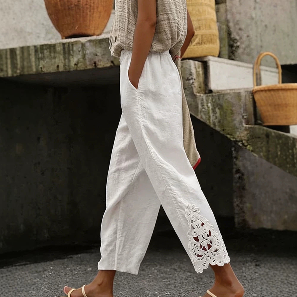 Women's casual pants made of linen blend with elastic drawstring waistband and lace embroidery on the leg