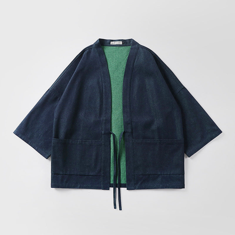 Unisex loose-fitting kimono jacket made of cotton denim with tie and large patch pockets Mune Fashion