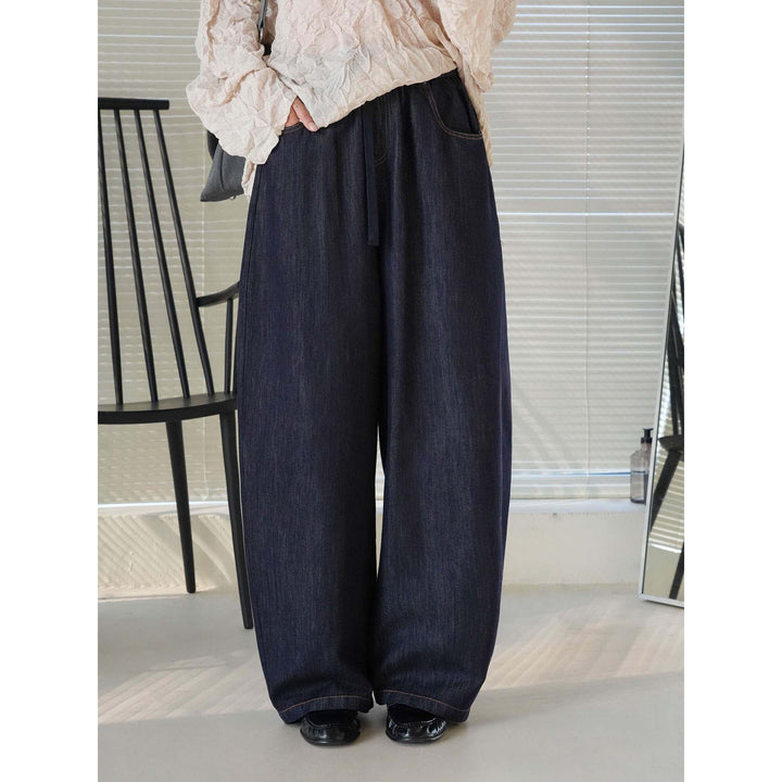 Women's Wide High-Waist Relaxed Pants with Elastic Waistband, Drawstring and Side Pockets Mune Fashion