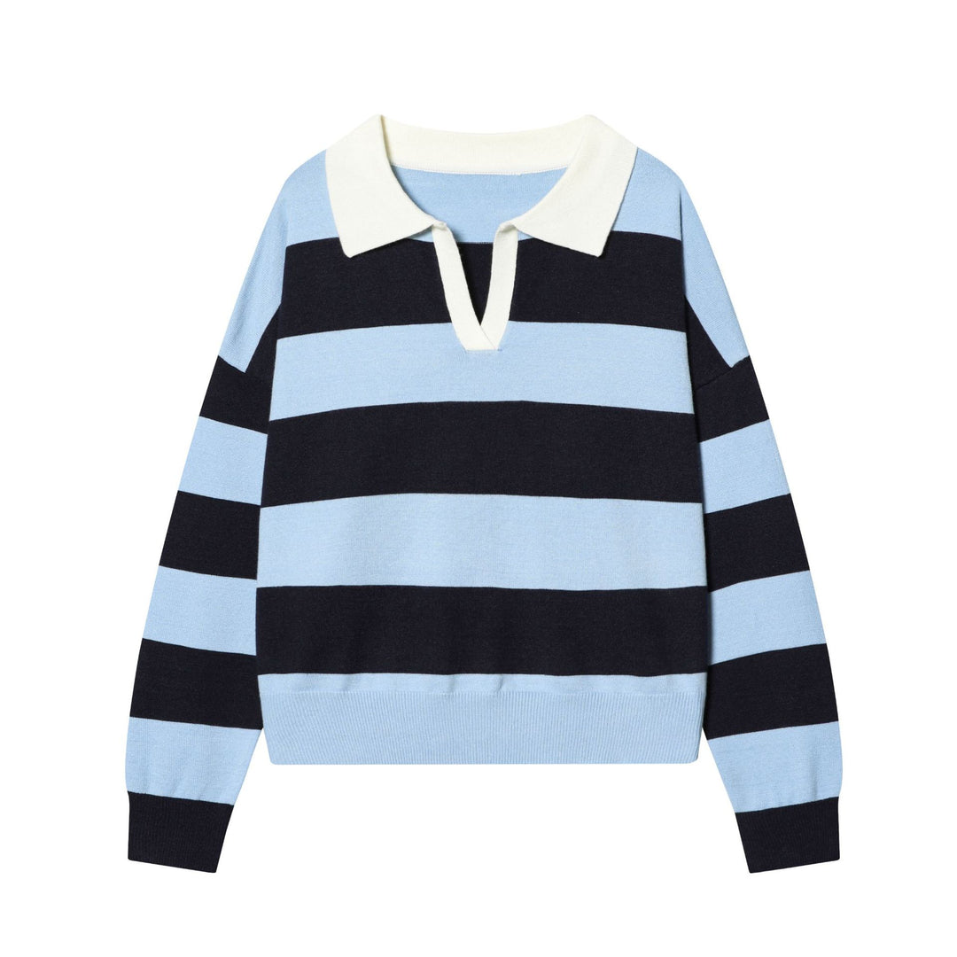 Women's striped fine knit polo sweater with button placket, ribbed cuffs, and light wool blend Mune Fashion