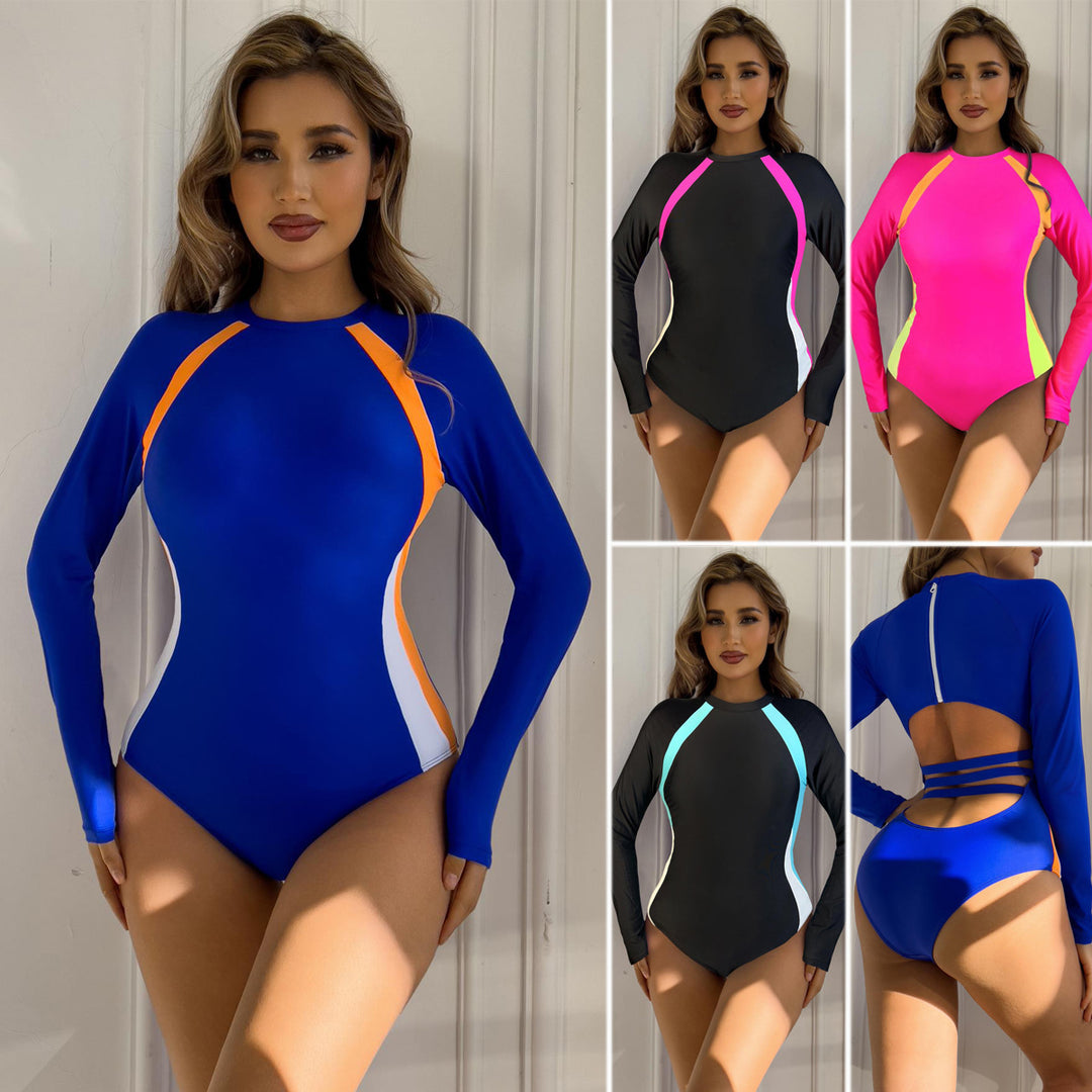 Women's Athletic Long Sleeve Swimsuit with Color Block Design Mune Fashion