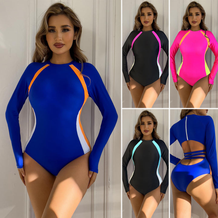 Women's Athletic Long Sleeve Swimsuit with Color Block Design Mune Fashion