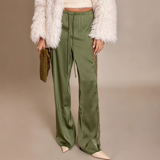 Women satin trousers with side lace inserts, wide leg and drawstring Mune Fashion