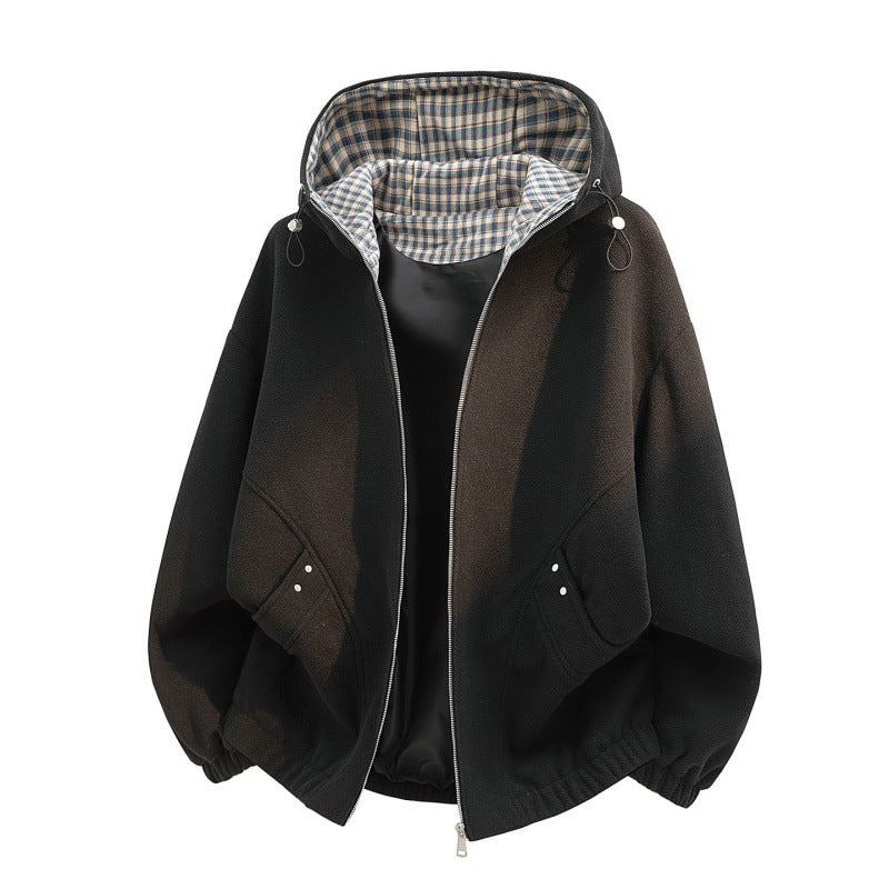 Women’s oversized fleece jacket with hood and checkered inner lining Mune Fashion