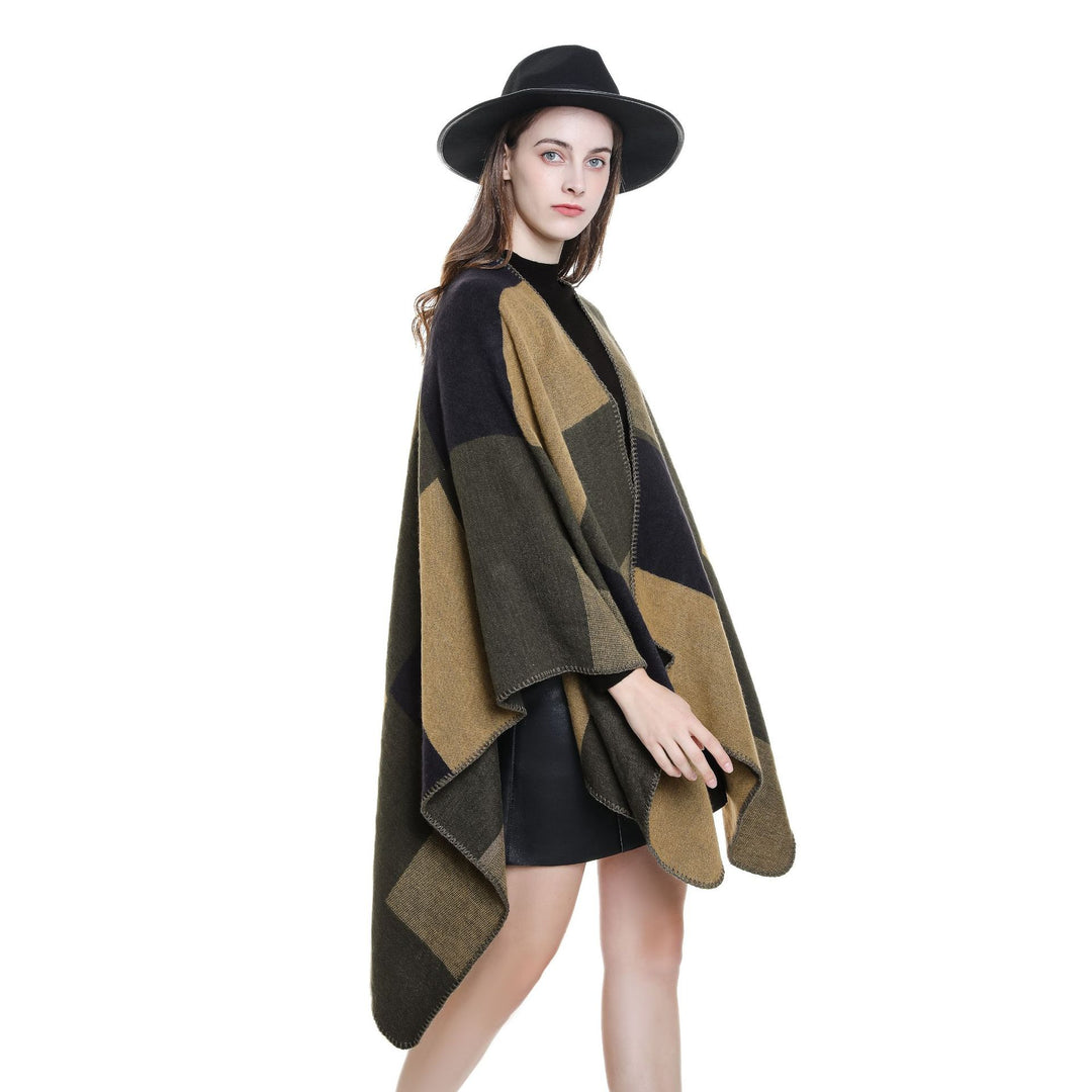 Women's Triangular Knit Poncho with Geometric Jacquard Pattern and Decorative Stitch Mune Fashion