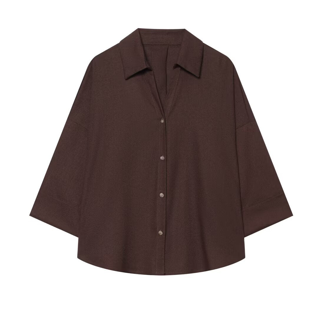 Women's Oversized Shirt Blouse with Boxy Cut, Three-Quarter Sleeves and Horn Button Placket Mune Fashion