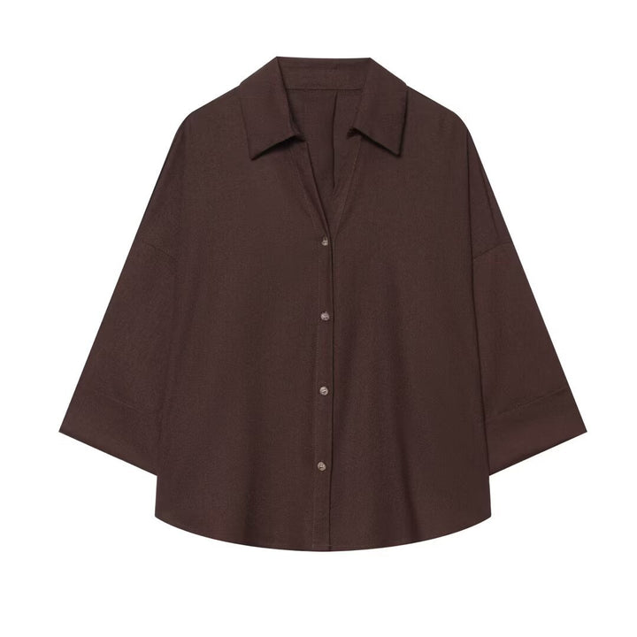 Women's Oversized Shirt Blouse with Boxy Cut, Three-Quarter Sleeves and Horn Button Placket Mune Fashion