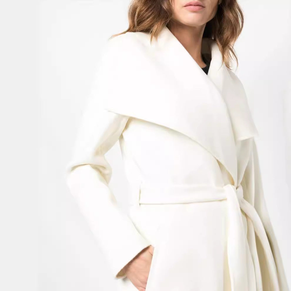 Women's Tailored Wrap Coat in Kimono Look with Wide Shawl Collar and Ties Belt Mune Fashion