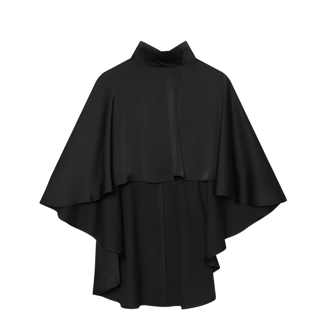 Women's Cape Coat with Asymmetrical Layering and Stand-up Collar Mune Fashion
