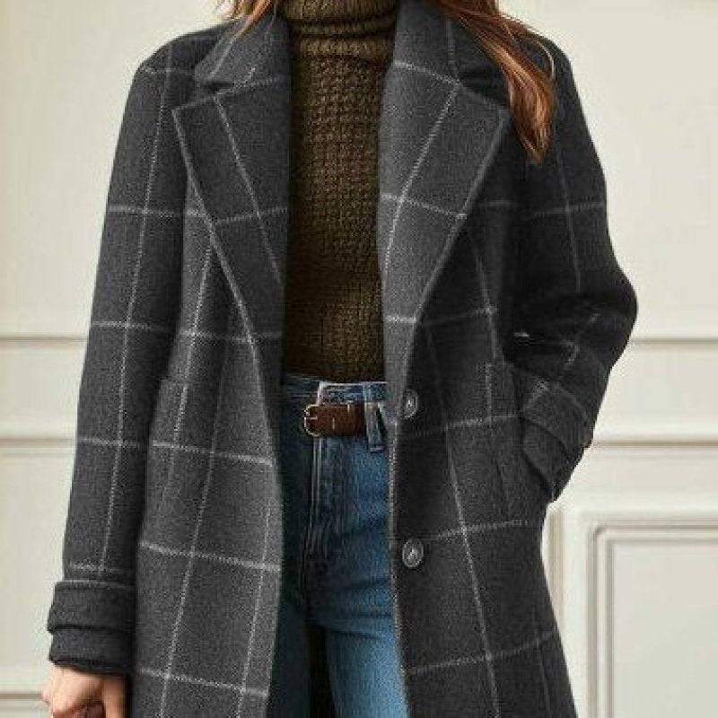 Women's Checked Wool Blend Coat with Oversized Shoulder and Classic Lapel Mune Fashion