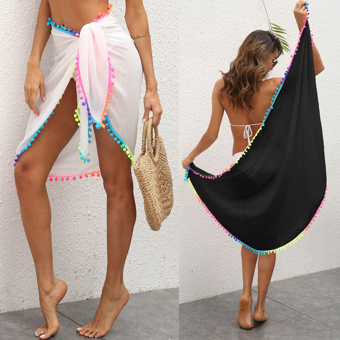 Ladies elegant beach cover-up with colorful pom-pom trim Mune Fashion