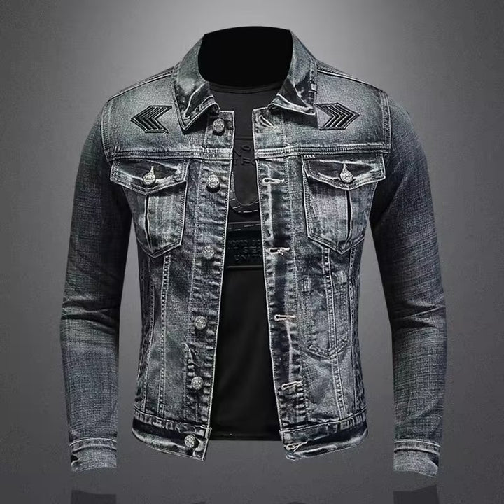 Men's jeans jacket with used wash, press stud chest pockets and discreet Mune Fashion embroidery.