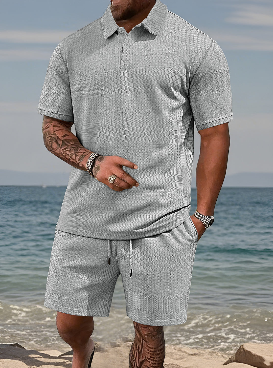 Men's embossed beach ensemble with open short sleeve shirt and cord Bermuda Mune Fashion