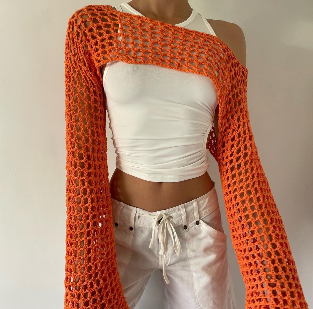 Women's Crocheted Long Sleeve Top with Off-Shoulder Design Mune Fashion