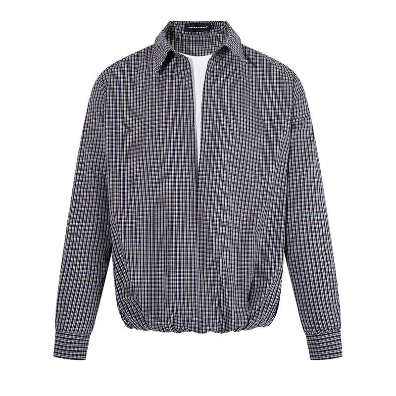Men's Overshirt Blouson in Check Pattern with Elastic Waistband and Shirt Collar Mune Fashion