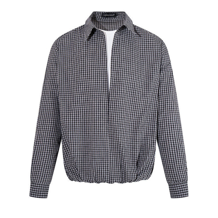 Men's Overshirt Blouson in Check Pattern with Elastic Waistband and Shirt Collar Mune Fashion
