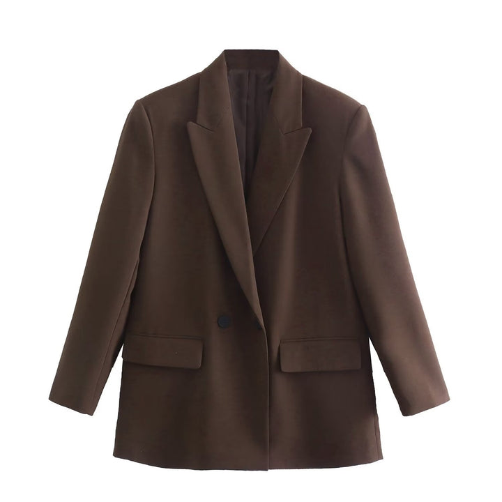 Ladies Double-Breasted Long Blazer with Wide Shawl Collar and Patch Pockets Mune Fashion