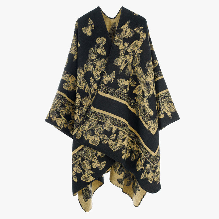 Women's Butterfly Jacquard Ruana made of Wool Blend with Curved Hem Mune Fashion