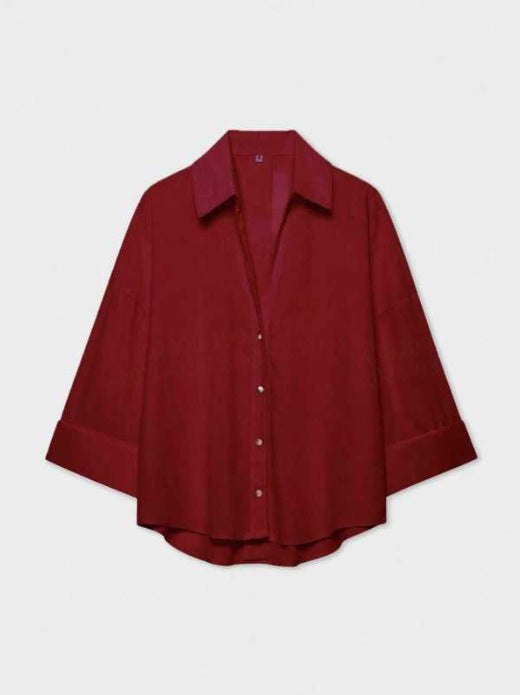Women's Lightweight Oversized Linen Look Blouse with Three-Quarter Sleeves and Full Button Placket Mune Fashion