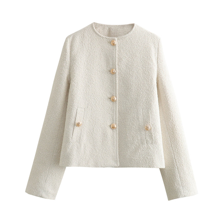 Women's elegant bouclé cropped jacket with round neckline, gold button details, and patch waist pockets Mune Fashion