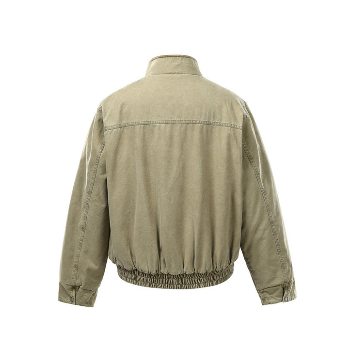 Men's Short Boxy Utility Bomber Jacket made of Canvas with Quilted Front Yoke and Stand-Up Collar Mune Fashion