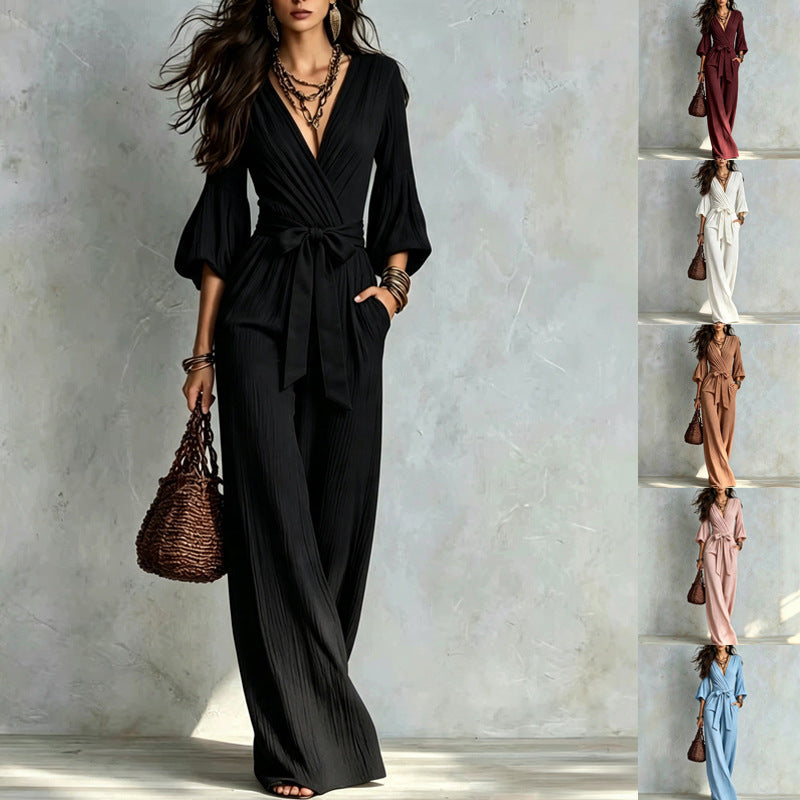 Women's Jumpsuit Wrap Look with Wide Leg, Waist Belt and Bell Sleeves Mune Fashion