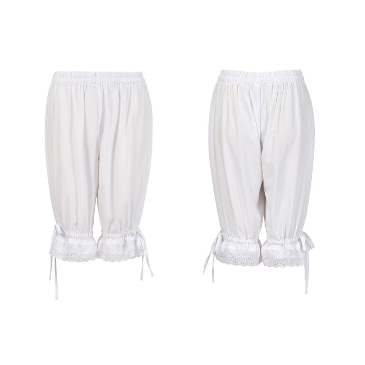 Ladies gathered capri pants with elastic waistband, tie ribbons at the hem and lace trim