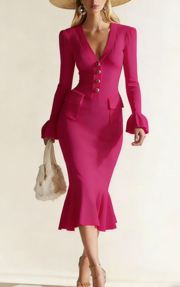 Women's Elegant Fitted Midi Dress with Trumpet Hem, V-Neck and Patch Pockets Mune Fashion
