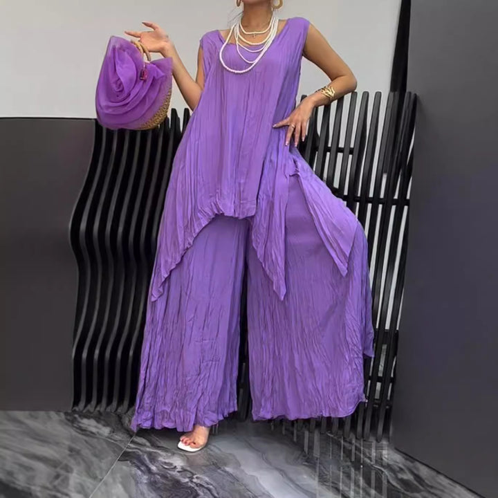 Women two-piece set in airy crinkle look with sleeveless tunic and wide palazzo pants Mune Fashion