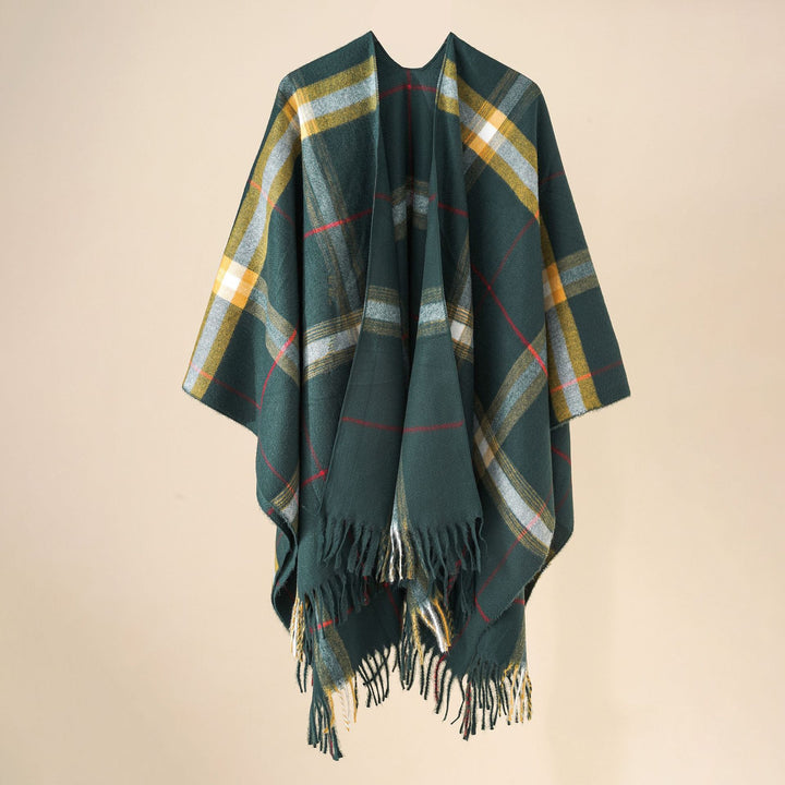 Women's Wool Blend Poncho with Check Pattern and Fringing Mune Fashion