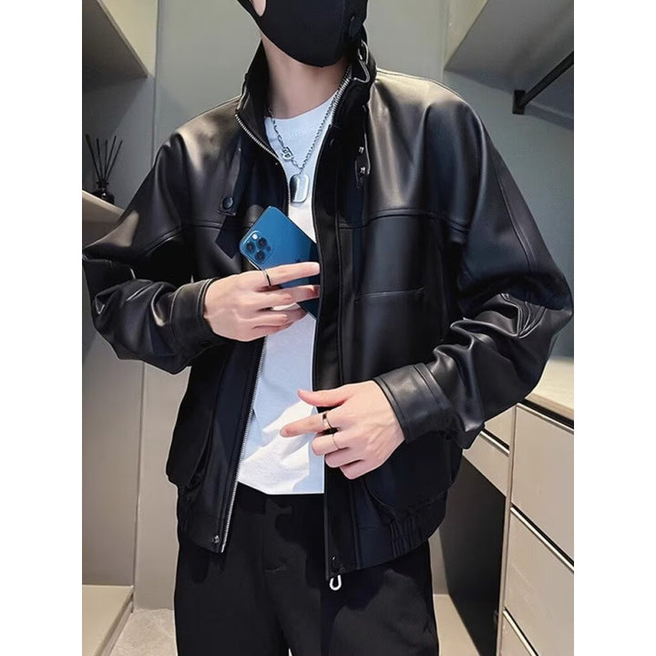 Men's biker-inspired faux leather bomber jacket with stand-up collar and elastic hem Mune Fashion