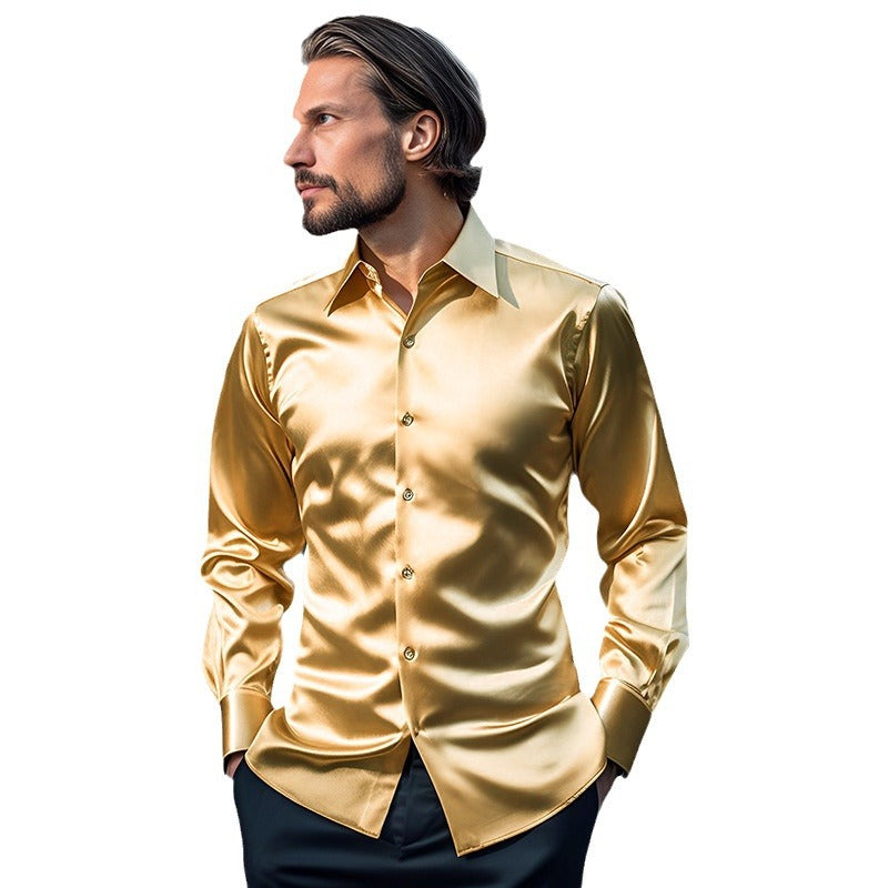 Men's Shirt Made Of Shiny Satin with Modern Collar Mune