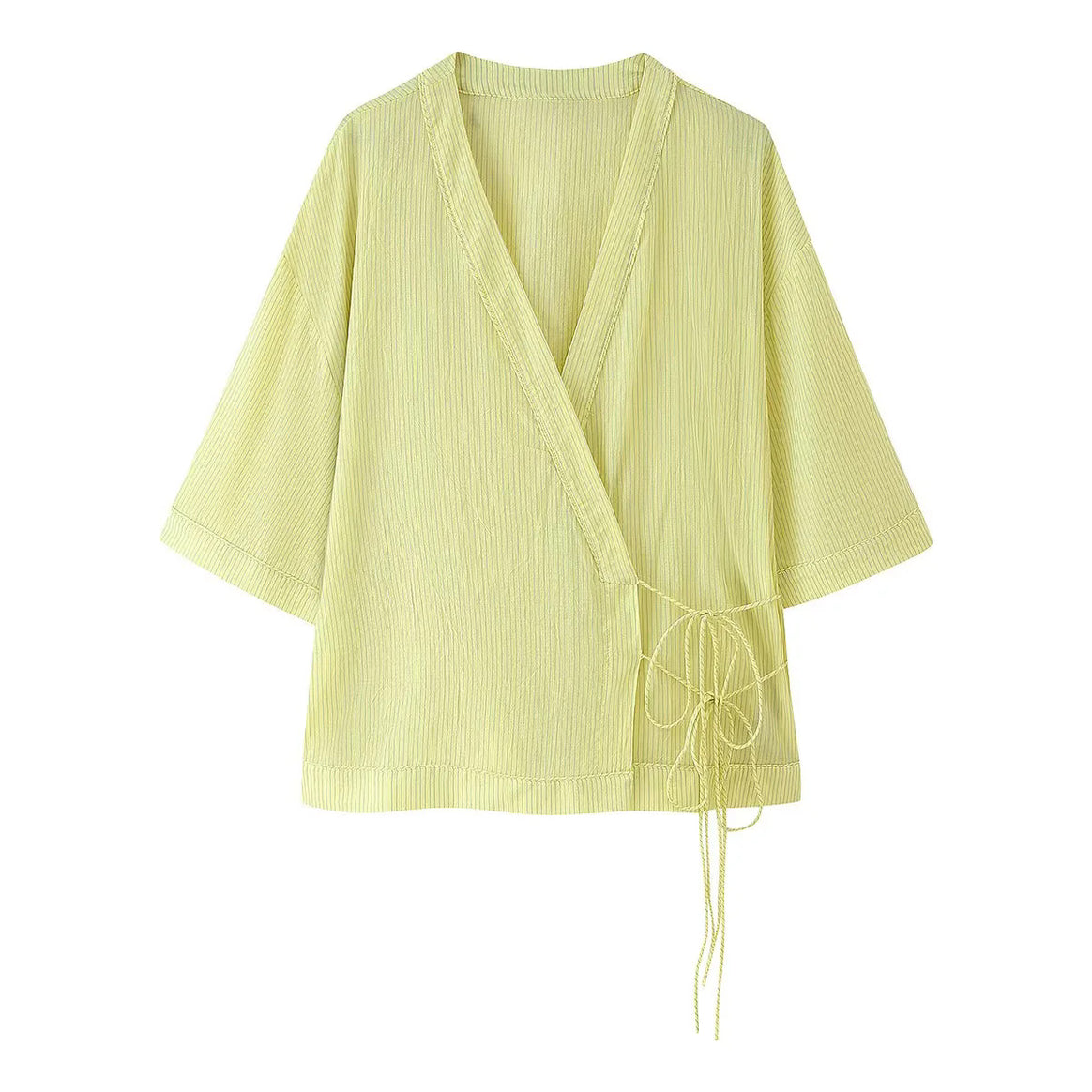 Women's wrap kimono top with three-quarter sleeves, textured crinkle quality and side tie detail Mune Fashion