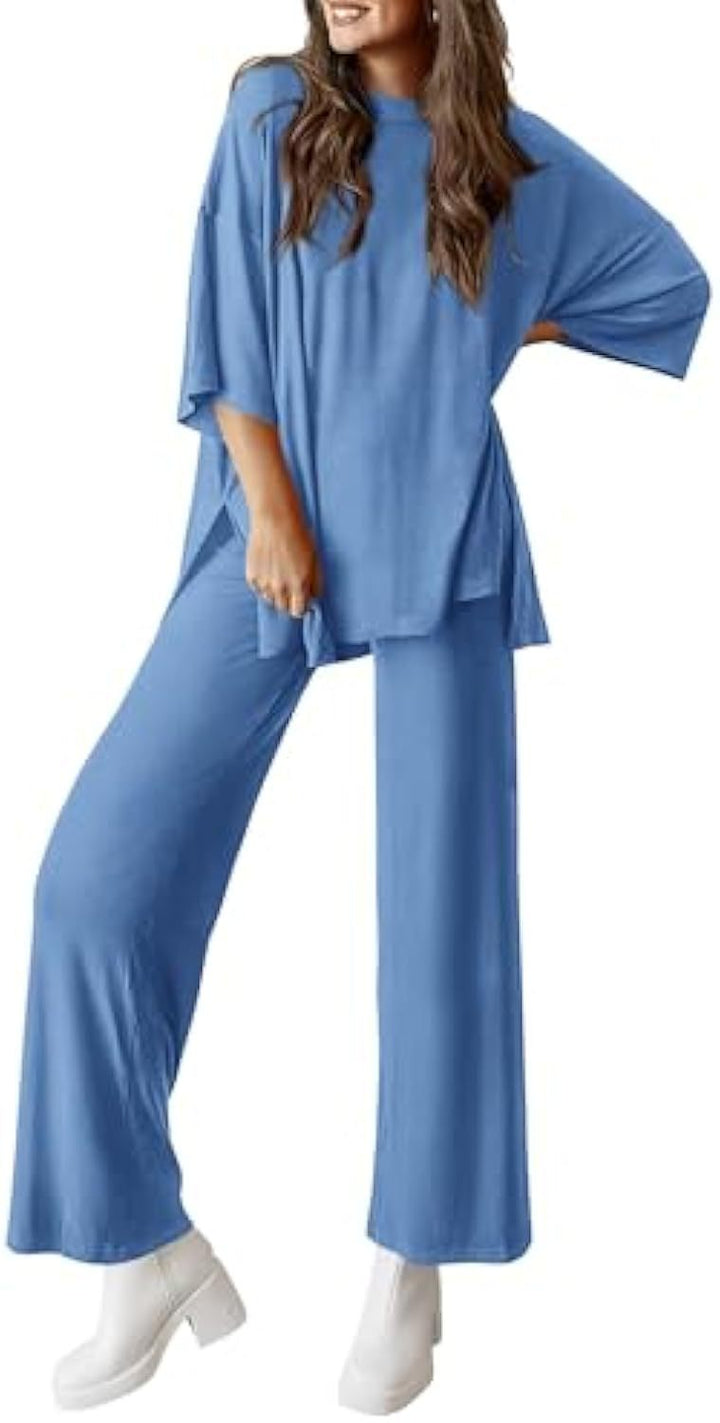 Women's Casual Lounge Set made of Soft Jersey with Oversized Tunic and Wide Palazzo Pants Drune