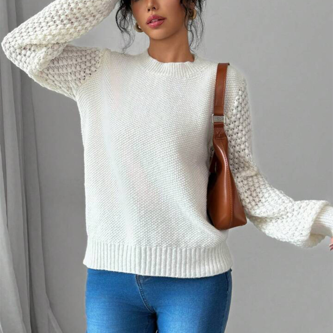 Women's Structured Chunky Knit Sweater with Lacy Sleeves and Ribbed Hem Mune Fashion