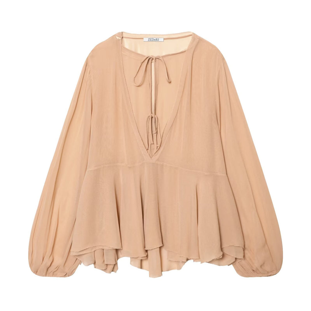 Ladies Airy Chiffon Blouse with Deep V-Neck, Ties, Ruffled Layers and Balloon Sleeves Mune Fashion