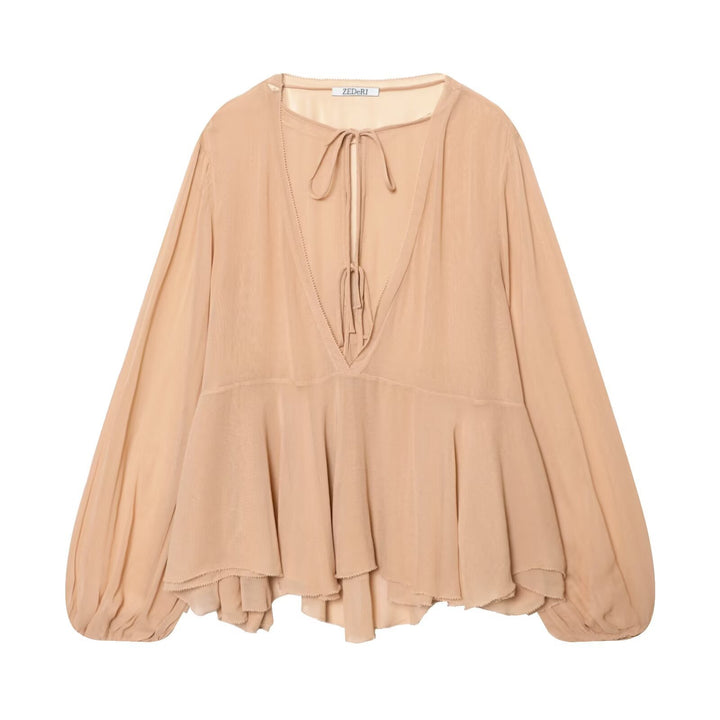 Ladies Airy Chiffon Blouse with Deep V-Neck, Ties, Ruffled Layers and Balloon Sleeves Mune Fashion