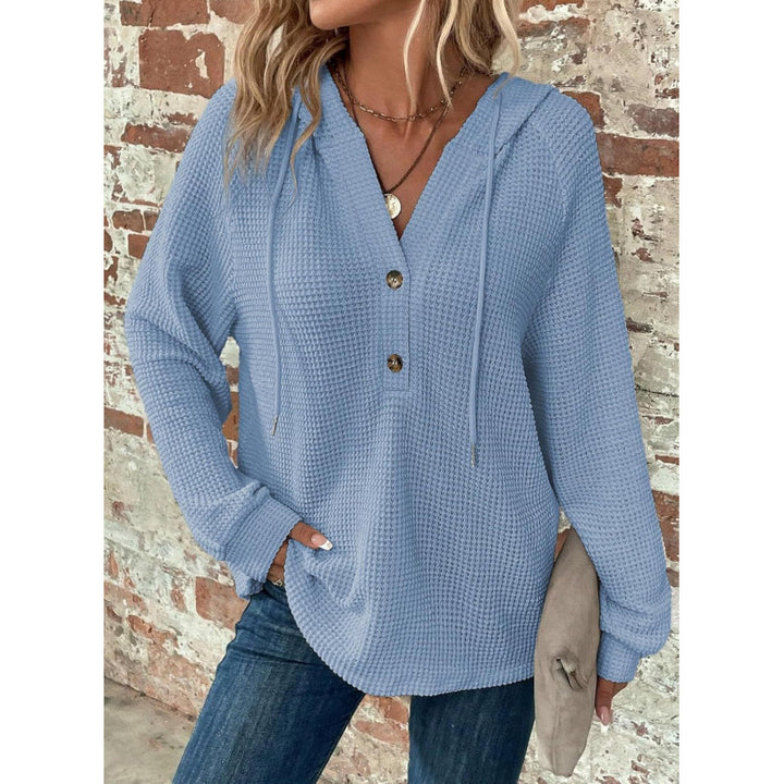 Women Waffle Knit Hoodie with Henley Button Placket and Oversized Cut Mune Fashion